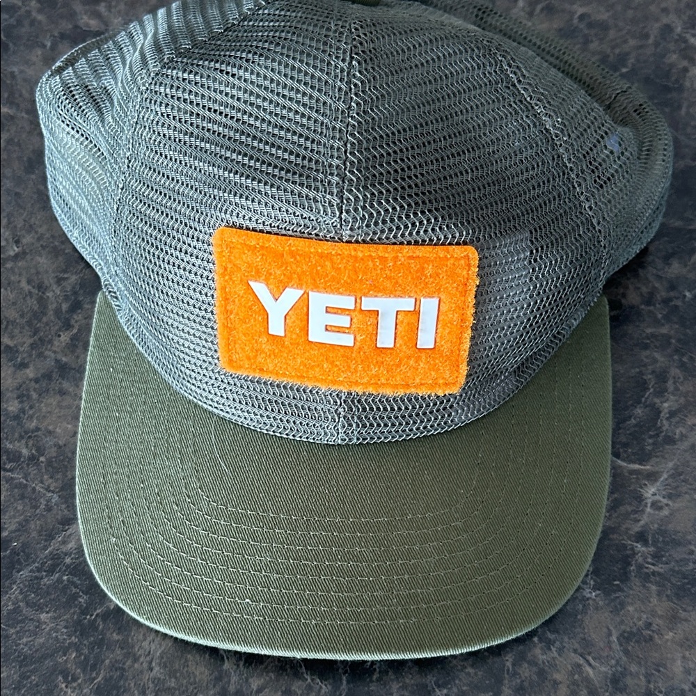 Yeti Olive Green Mesh Trucker Cap with Orange Patch